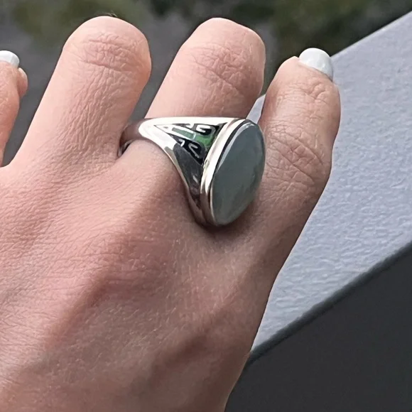 ANTIQUE 10K WHITE GOLD "UNISEX" RING w/NATURAL GREEN MOONSTONE&ENAMELS, ART DECO - Picture 12 of 12